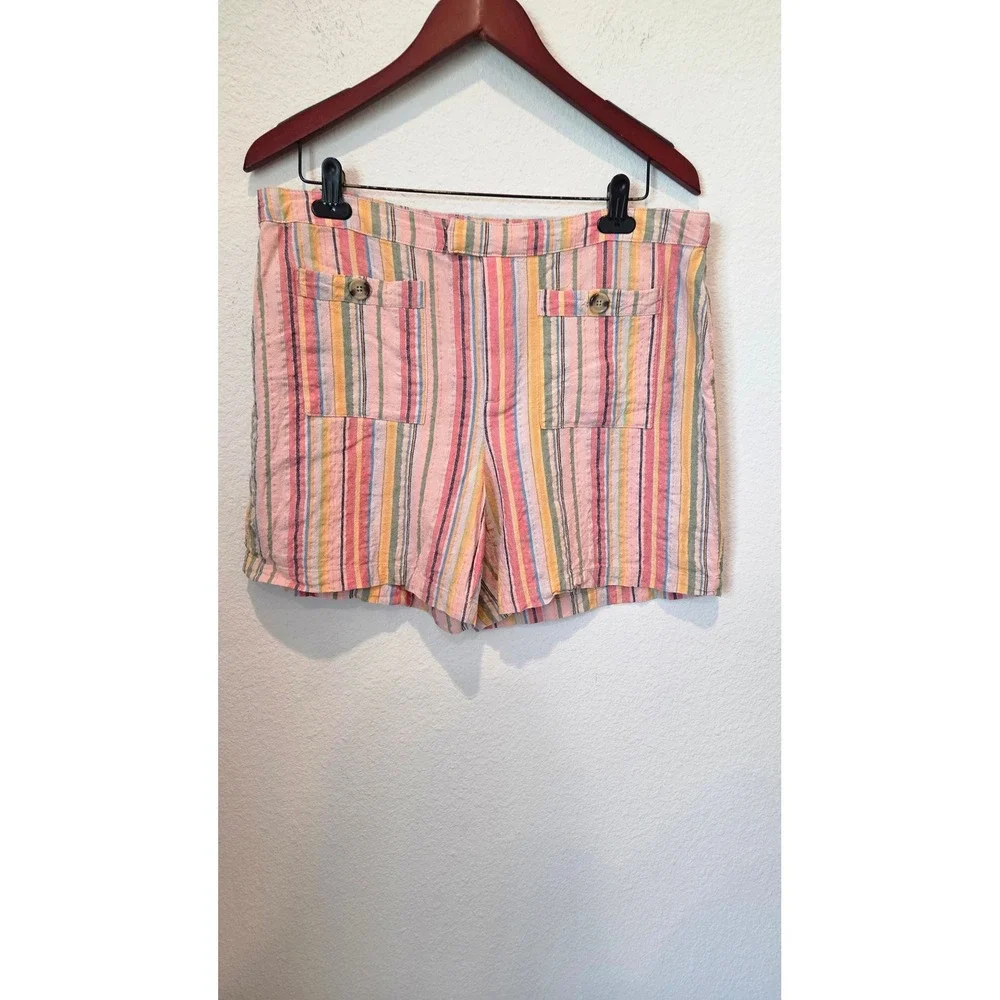 Cato Striped Linen Blend Shorts High Rise Pink Multi Coastal Boho Size 16 - Picture 8 of 9